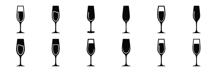 A collection of champagne glass silhouette icon set. simple design black color and white background.