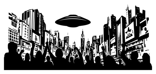 UFO flying saucer hovering over city crowd in metropolis with people pointing at alien invasion silhouette © Tomas