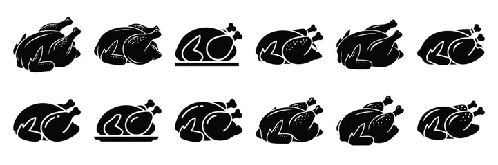 A collection of chicken roast silhouette icon set. simple design black color and white background. © KartikChandro