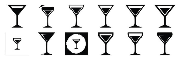 A collection of cocktail glass silhouette icon set. simple design black color and white background.