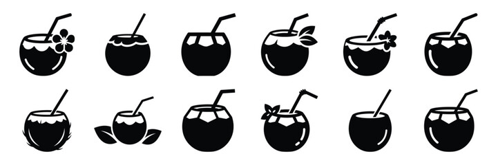 A collection of coconut drink silhouette icon set. simple design black color and white background.
