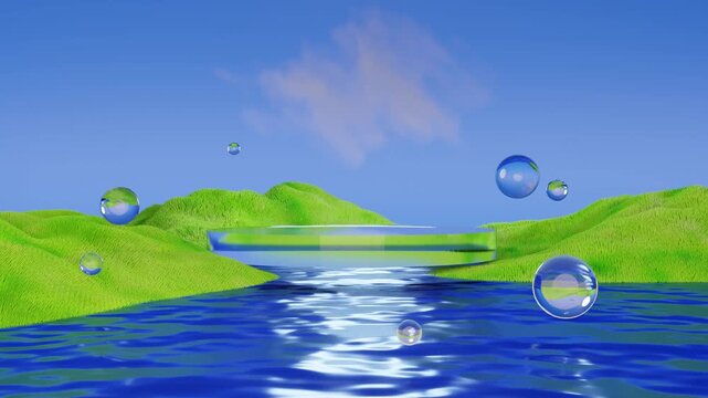 Looped 3D animation of a glass podium above reflective water with floating spheres and green hills.