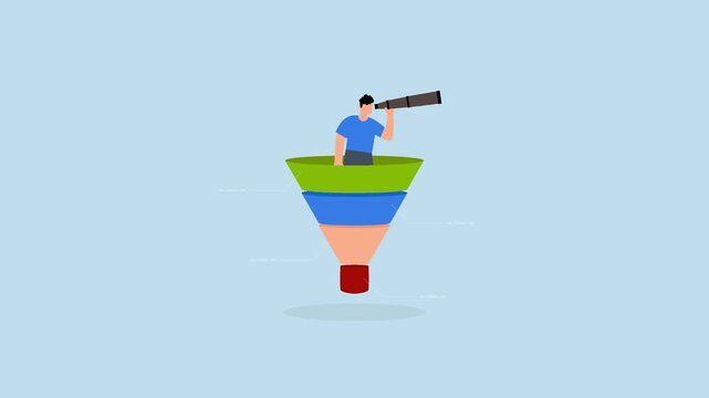 Marketing funnel sales prospect discovery, 4k animation of businessman look binoculars in marketing funnel.