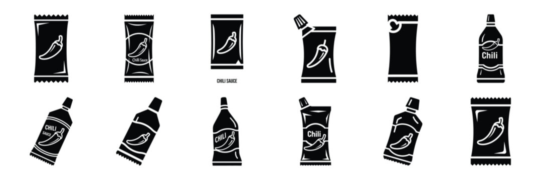 A collection of chili sauce packet silhouette icon set. simple design black color and white background.
