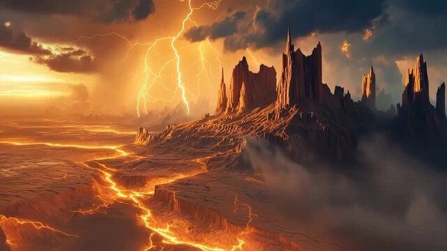 Storm-Ravaged Fortress: A dramatic vista of a crumbling fortress, sculpted by time and weather, stands defiant amidst a raging storm, a testament to resilience and the relentless power of nature.