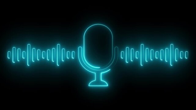 Glowing neon voice recording microphone button icon animation. On The Black Background Glowing Audio Visualization with Microphone Dynamic Sound Wave Graphic with Neon Microphone.