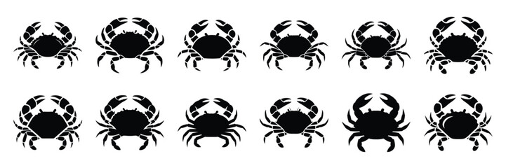 A collection of crab silhouette icon set. simple design black color and white background.