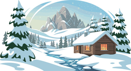 Naklejka premium Cozy snow-covered log cabin in a winter mountain landscape, frozen stream, pine trees, and evening sky, festive holiday vector illustration
