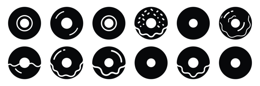 A collection of donut silhouette icon set. simple design black color and white background.