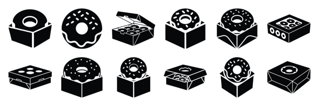 A collection of donut box silhouette icon set. simple design black color and white background.