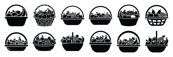 A collection of fruit basket silhouette icon set. simple design black color and white background.