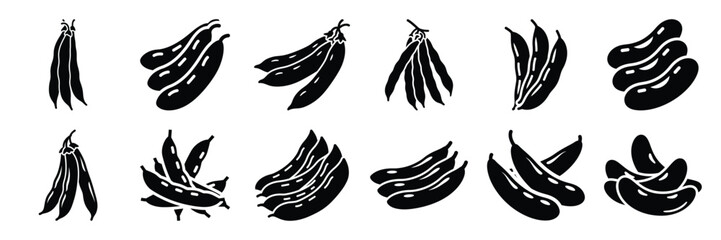 A collection of green beans silhouette icon set. simple design black color and white background.