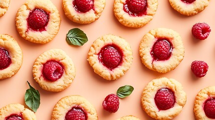 Chewy raspberry thumbprint cookies with fresh fruit filling vibrant setup on peach background