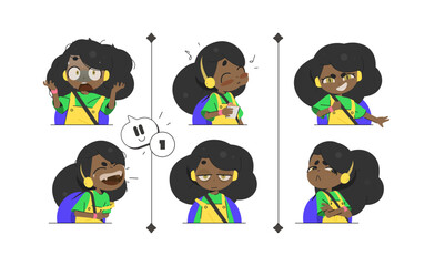 School Girl Emotion Set with Six Facial Expressions from Joy and Surprise to Calm and Disgust, Cute Cartoon Half-Body Character for Creative Projects and Design