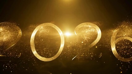 Elegant and luxurious video animation of the year 2026 in shimmering gold 3D numbers, slowly rotating and covered in glittering particles and bright light flares, perfect for New Year, anniversary, an