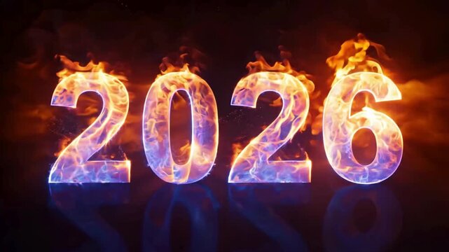Visually striking video showing the year 2026 in 3D numbers engulfed in contrasting blue and orange flames, reflecting dramatically on a dark, glossy surface, great for themes of change, power, and tr