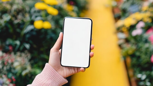 Young woman joyfully displaying her smartphone amidst a vibrant garden of flowers and plants. - Powered by Adobe