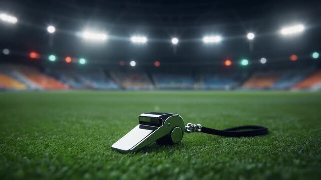 Whistle on a soccer field at night.