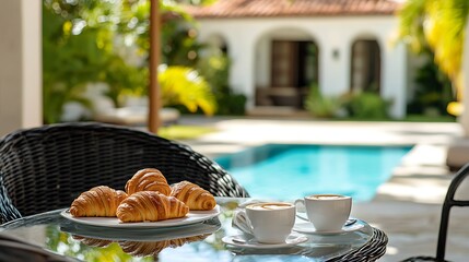 Chic poolside cafe scene with croissants and cappuccino on a glass table under a cabana