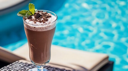 Choco mint milkshake in a glass on a lounge chair by the pool