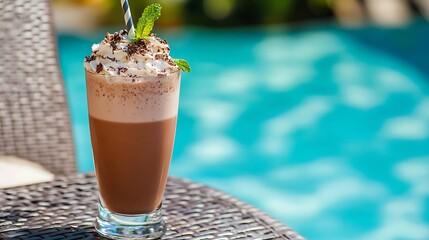Choco mint milkshake in a glass on a lounge chair by the pool