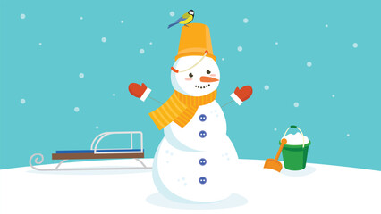 Snowman with a bird in a hat and scarf. Vector illustration.