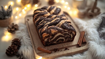 Chocolate babka with swirled layers of cinnamon and cocoa filling on tray on fluffy wool blanket with fairy lights around