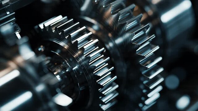 Close up of interlocking metal gears in motion representing mechanical engineering and precision engineering