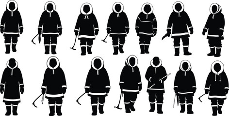 Arctic, indigenous, silhouette, parka, fur, hood, mittens, boots, harpoon, walking stick, posture, gesture, setup, tradition, cold, survival, vector, black, pose, flavector ©  FIROZ