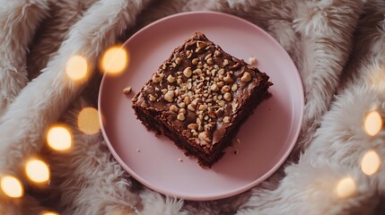 Chocolate brownies on pink plate with a crunchy hazelnut topping closeup on fluffy wool blanket with fairy lights around