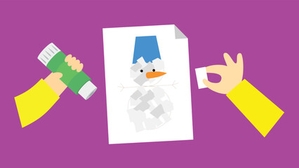 Illustration of a snowman on a paper with a hand holding a passport