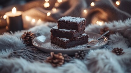 Chocolate brownies stacked with a light dusting of cocoa powder on plate on fluffy wool blanket with fairy lights around