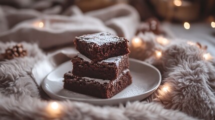 Chocolate brownies stacked with a light dusting of cocoa powder on plate on fluffy wool blanket with fairy lights around