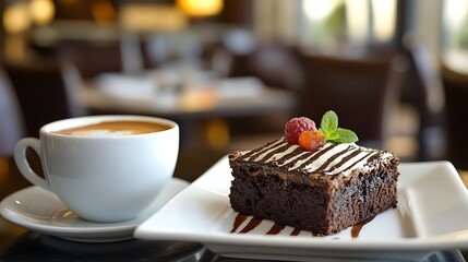 Chocolate brownies with a side of espresso cozy caf?(C) ambiance on hotel sitting