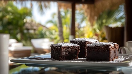 Chocolate brownies with gooey centers and powdered sugar dusting on a glass table under a cabana