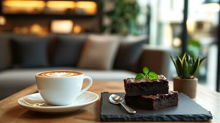 Chocolate brownies with a side of espresso cozy caf?(C) ambiance on hotel sitting
