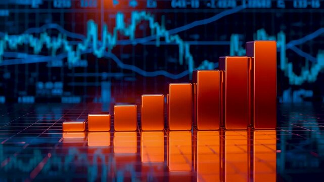 Orange bar graph rising in stepped columns placed before blue fluctuating line charts on a reflective digital surface