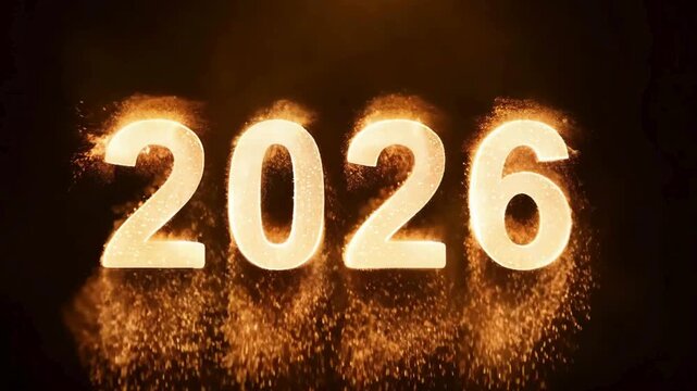 Elegant video animation of the year 2026 revealing in bright, glowing gold numbers with sparks and radiant light energy cascading downwards on a black background, perfect for high-end New Year, celebr