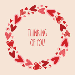 Valentine's Day greeting card with hearts on white background. Perfect for seasonal holidays and decorations. Hand drawn frame, wreath