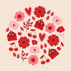 Valentine's Day greeting card with flowers, berries, love letter, strawberries, cherry on white background. Circle ornament. Perfect for seasonal holidays and romantic decorations. Vector illustration