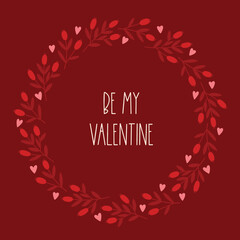 Valentine's Day greeting card with berries, branches and hearts on dark red background. Perfect for seasonal holidays and decorations. Hand drawn frame, wreath