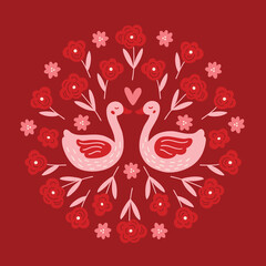 Valentine's Day greeting card with swans, flowers and heart on dark red background. Circle ornament. Perfect for seasonal holidays and romantic decorations. Vector illustration