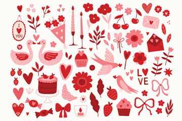 Valentine's Day set - swan, cake, hearts, flowers, candle, cherry, strawberry, love letter, bow on white background. Perfect for romantic greeting cards, decorations. Vector hand drawn illustration