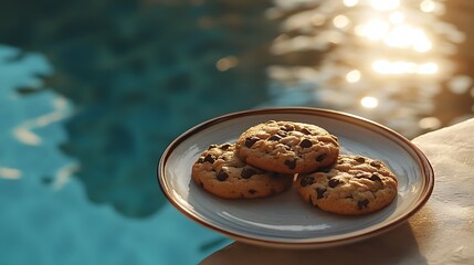 Chocolate chip cookies served on elegant ceramic plates pool reflecting golden sunlight