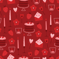 Valentine's Day seamless pattern with love letters, cake, strawberries, flowers, candles on red background. Perfect for wallpaper, gift paper, romantic greeting cards. Vector hand drawn illustration
