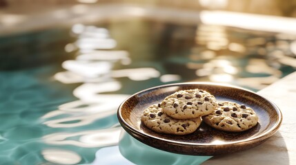 Chocolate chip cookies served on elegant ceramic plates pool reflecting golden sunlight