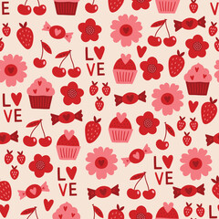 Valentine's Day seamless pattern with cherry, strawberries, candies, flowers, hearts on white background. Perfect for wallpaper, gift paper, romantic greeting cards. Vector hand drawn illustration