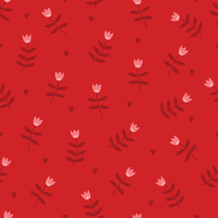 Valentine's Day seamless pattern with flowers and hearts on red background. Perfect for wallpaper, gift paper, romantic greeting cards. Vector hand drawn illustration