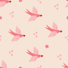 Valentine's Day seamless pattern with swallows and hearts on white background. Perfect for wallpaper, gift paper, romantic greeting cards. Vector hand drawn illustration