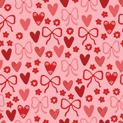 Valentine's Day seamless pattern with bows, flowers and hearts on pink background. Perfect for wallpaper, gift paper, romantic greeting cards. Vector hand drawn illustration